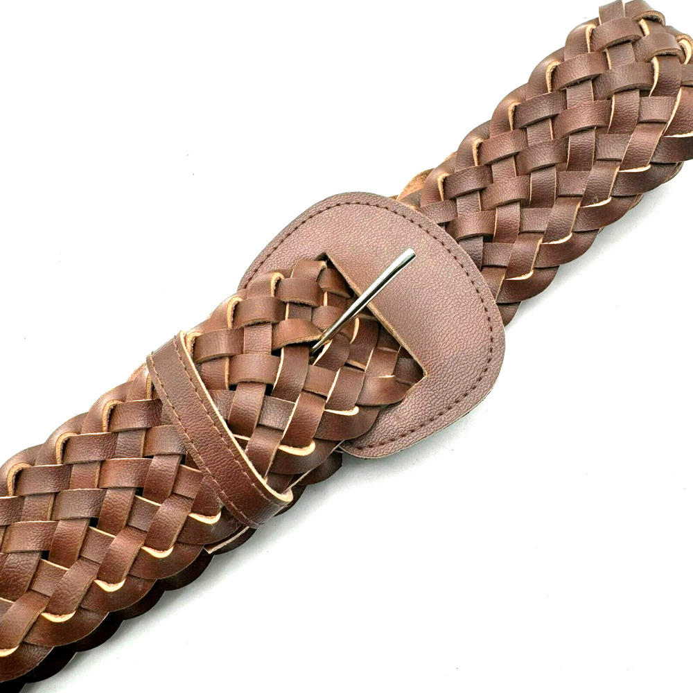 Women's Medium Brown Wide Braided Belt Vegan Leather Adjustable Cowgirl Fashion